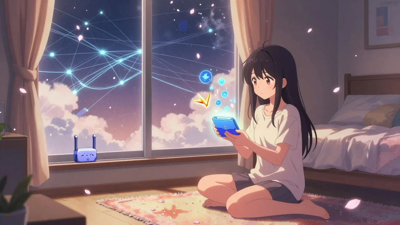 A girl in her room watches holographic Fiber nodes rise like paper cranes from her Skywallet.