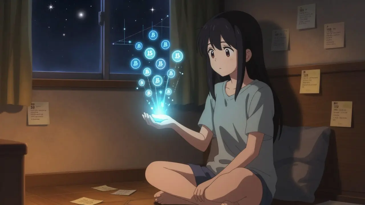 A girl in her room watches holographic ONUS tokens appear above her RICE Wallet app under soft night lighting.