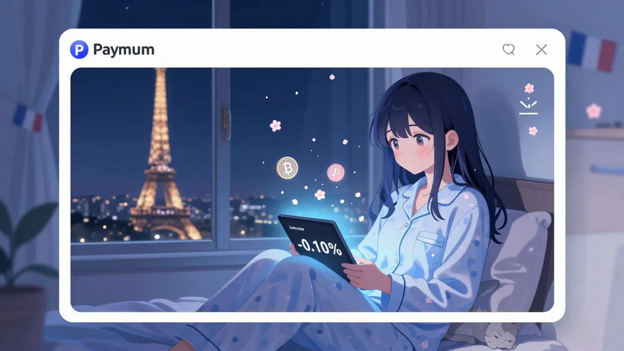 A girl smiling at her tablet as a Bitcoin order shows a -0.10% maker fee reward, floating coins like cherry blossoms around her.