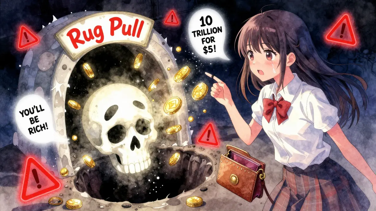 A girl stands as a rug pull portal swallows her tokens, ghostly promises fading into darkness.