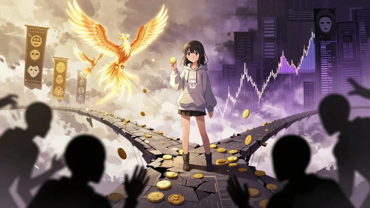 A girl stands on a crumbling digital bridge holding a BILLY coin as shadowy scammers reach for her.