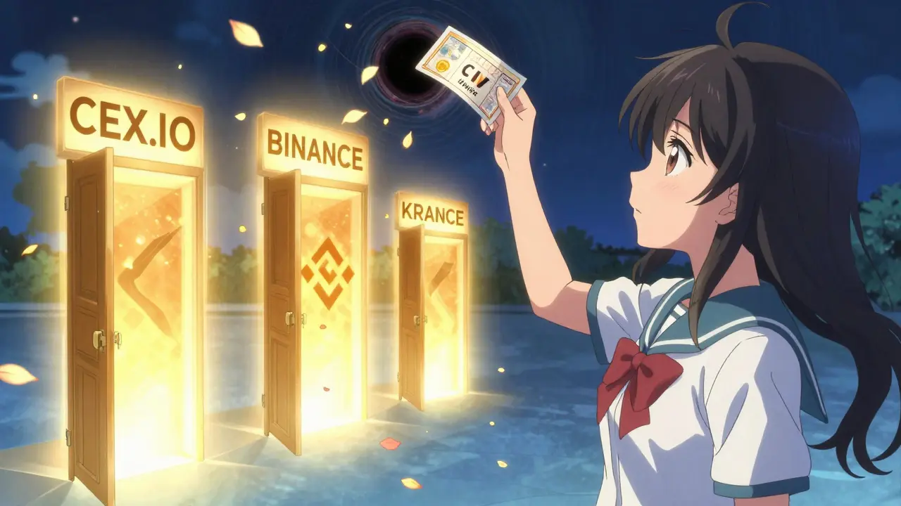 A girl throws away a CIV lottery ticket as three legitimate crypto exchanges glow warmly beside her.
