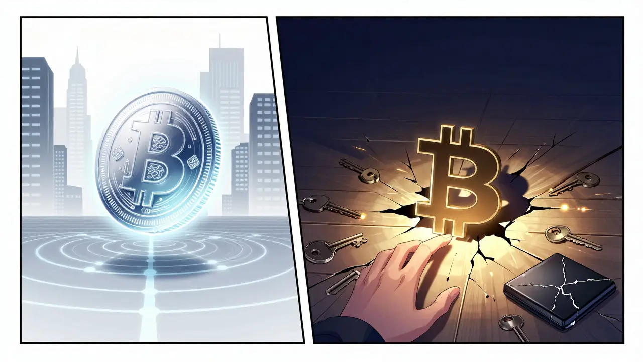 A glowing Digital Yuan coin floats above a city, while a hidden Bitcoin symbol cracks beneath a floorboard, touched by a delicate hand.
