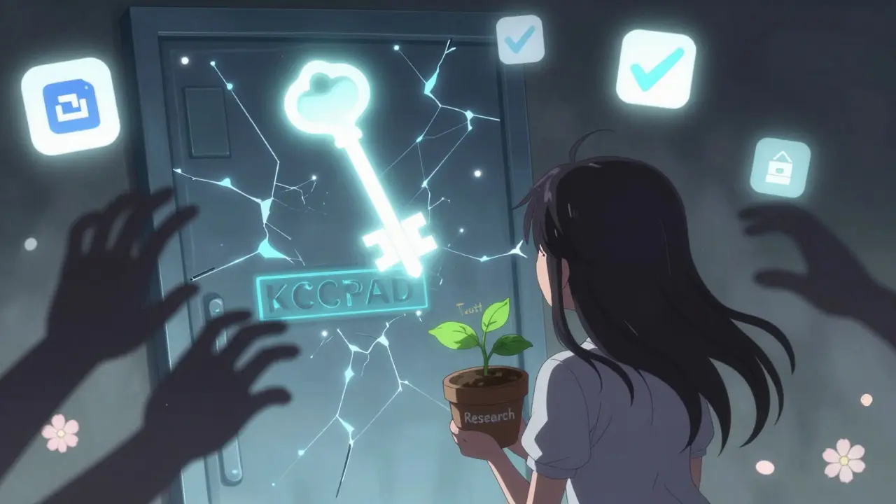 A glowing key hovers above a cracked door labeled KCCPAD, while a girl turns away holding a small plant labeled 'Trust'.