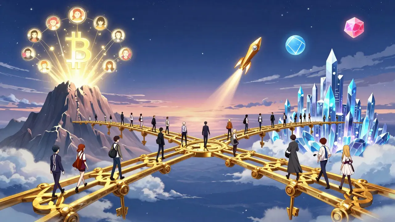 A golden bridge connects Bitcoin and Ethereum, with characters walking toward distant blockchains under a starry sky.