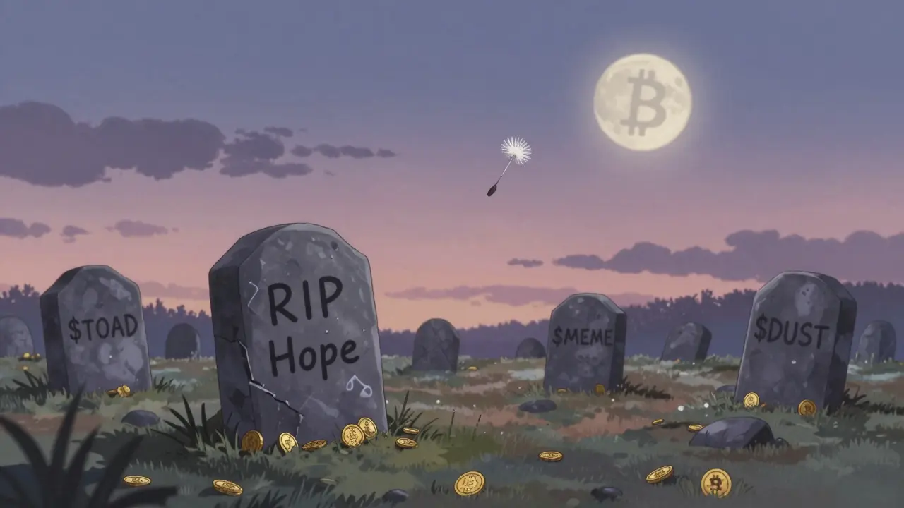 A graveyard of dead crypto tokens under a moon-shaped logo, with one tombstone reading 'RIP Hope'.