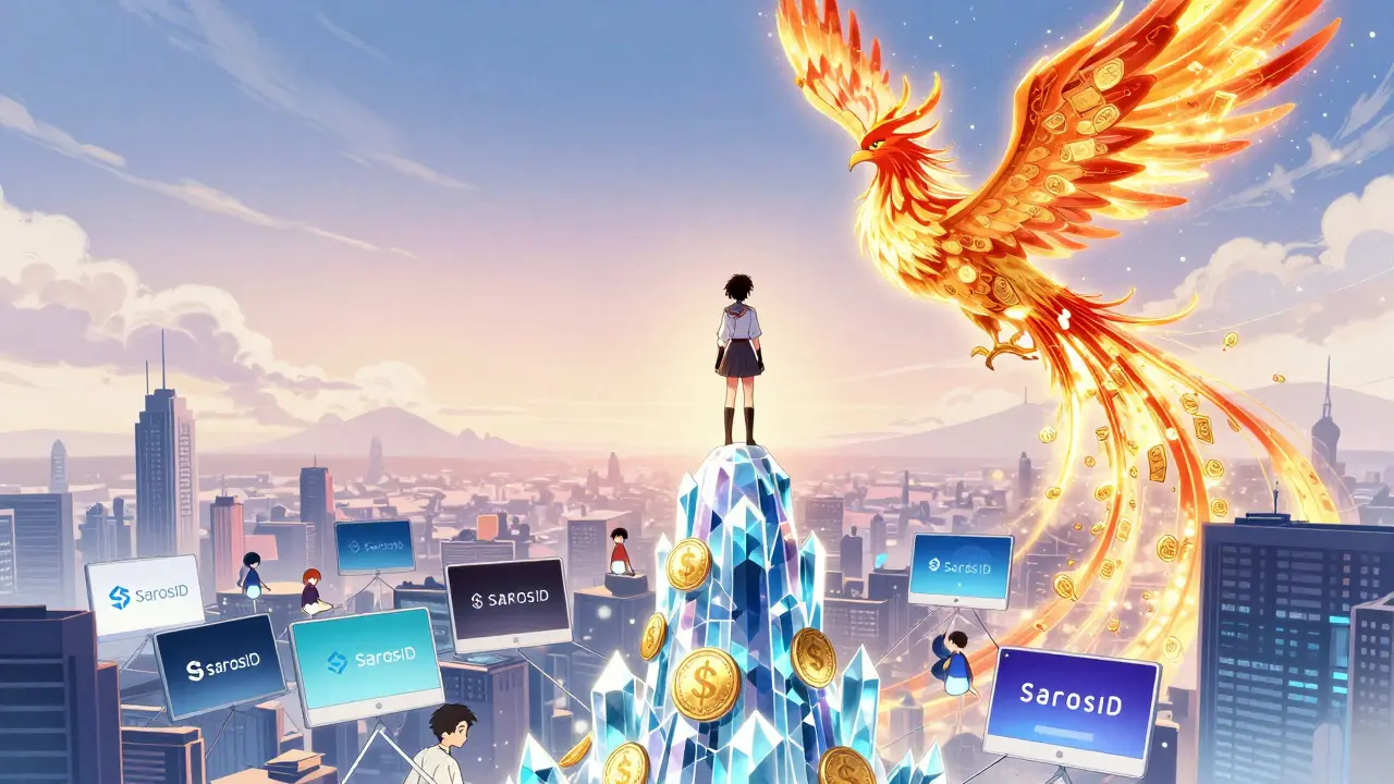 A hero on a token tower overlooking a digital city as a phoenix of burning fees rises in the sky.