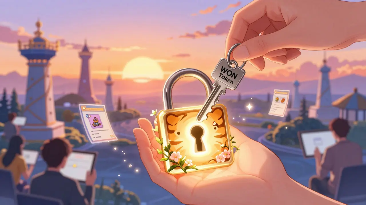 A key labeled 'WON Token' unlocking a tiger-paw lock as a digital ecosystem blooms behind it.