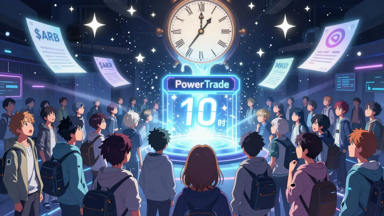 A magical Discord server turned anime arena with floating crypto options and a melting clock above chanting traders under glowing light.