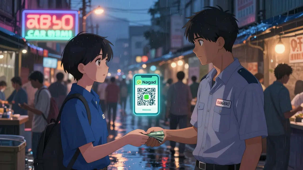 A man meets a mobile money agent in a Dhaka market to exchange cash for crypto, digital wallet symbols floating nearby, neon lights reflecting on wet pavement.