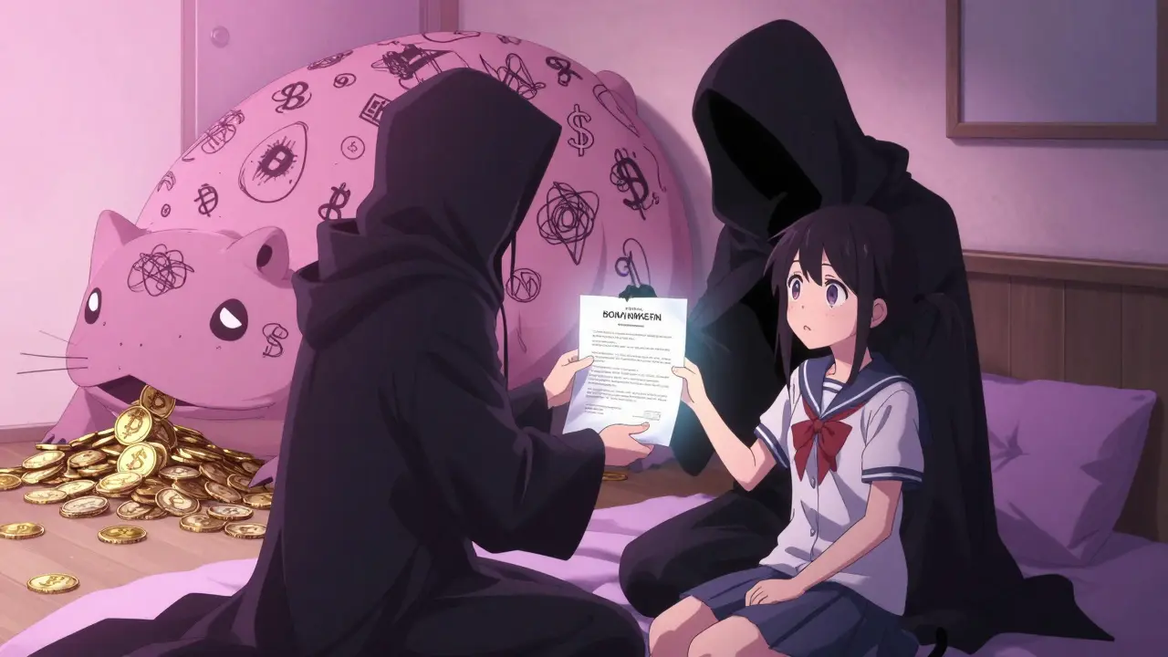 A mysterious figure gives a crypto contract to a teen while a toad monster eats ETH coins.