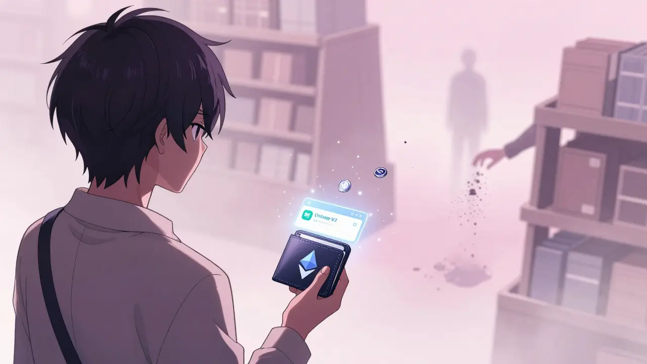 A person connects a wallet to Uniswap, surrounded by an empty marketplace with only one distant trader.