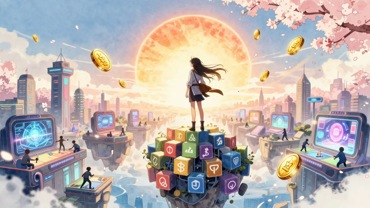 A pioneer on a floating island of NFTs, watching a digital sun rise over futuristic e-sports arenas.