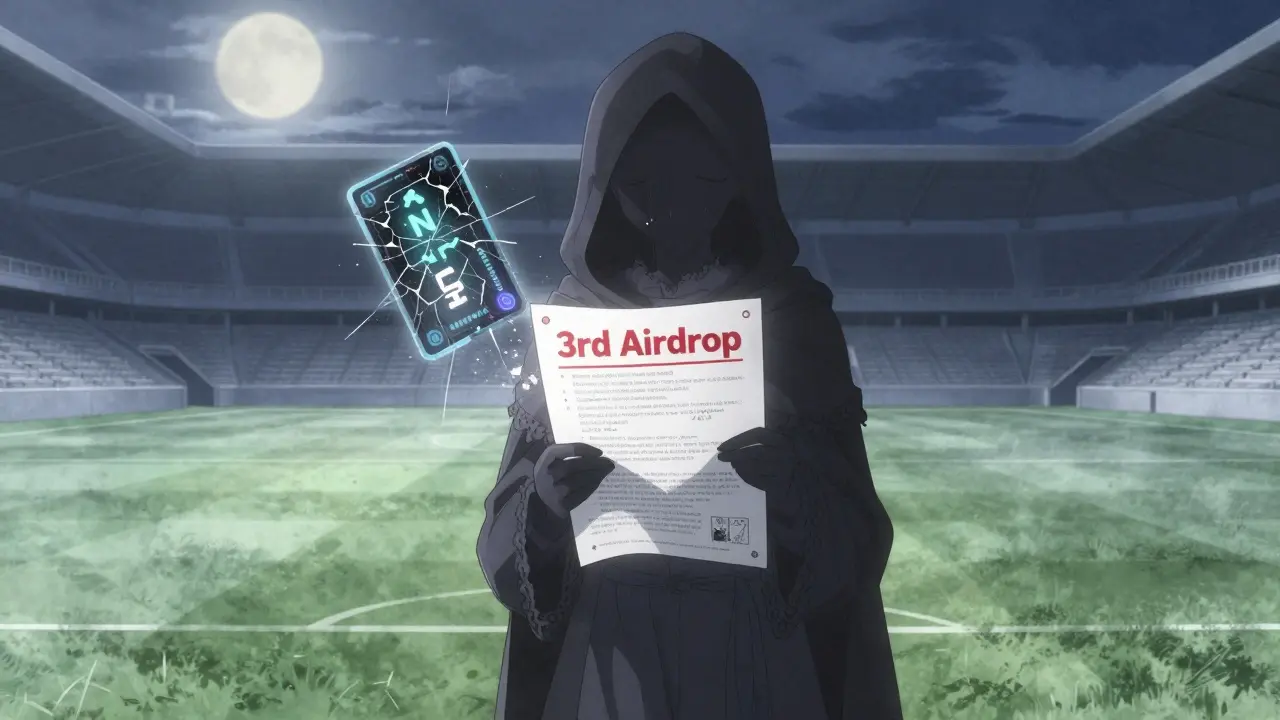 A shadowy figure holding a fake airdrop flyer as a digital NFT fades to dust in a silent stadium.