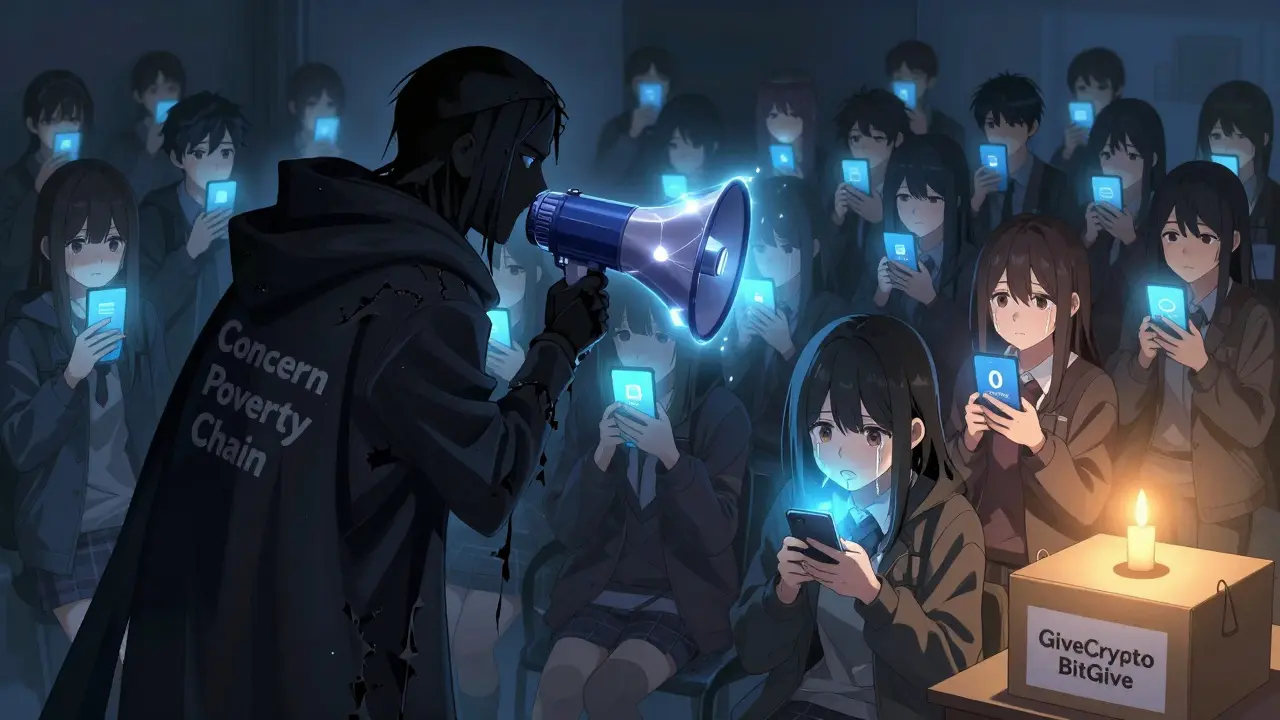 A shadowy figure whispers into a blockchain megaphone while teens follow social media prompts under cold blue screens.