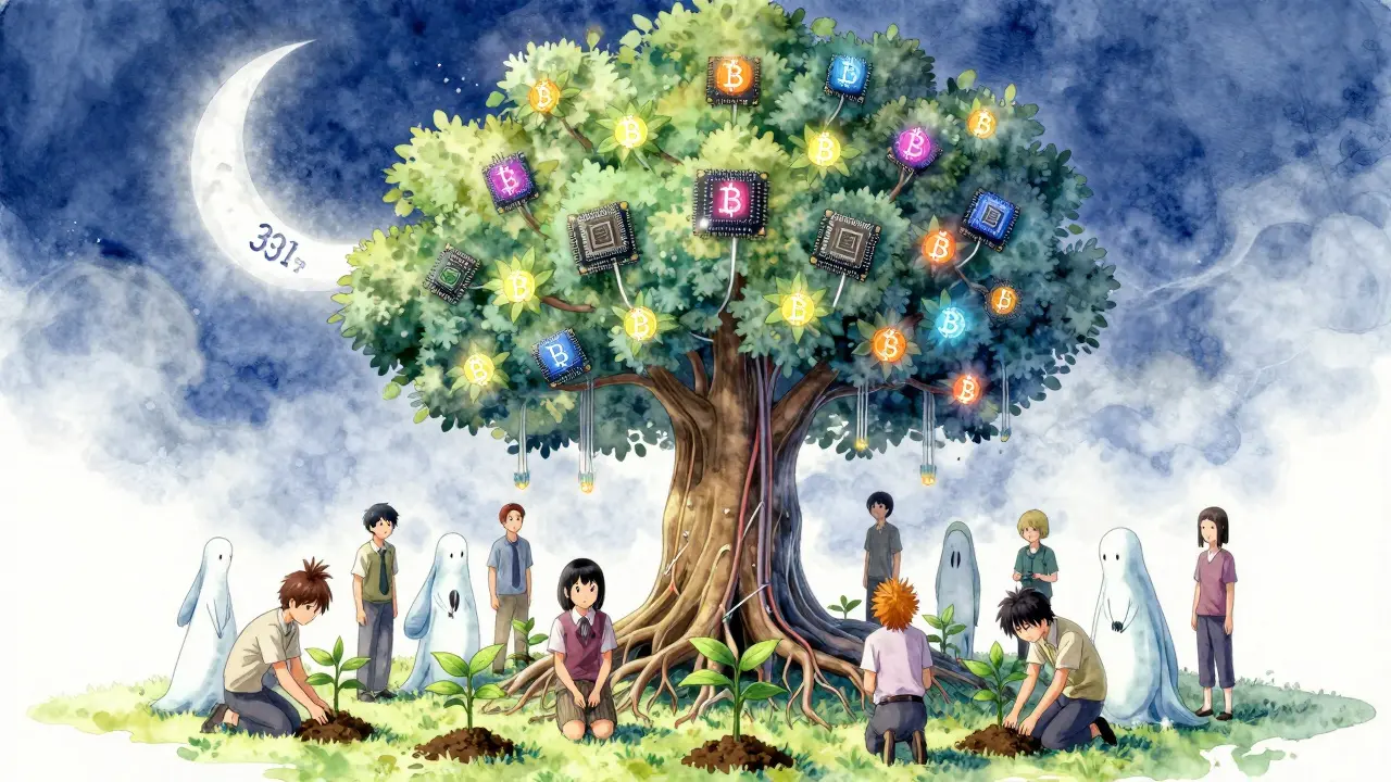A symbolic tree with ASIC chip branches and Bitcoin leaves, miners planting renewable energy seedlings under a halving moon.