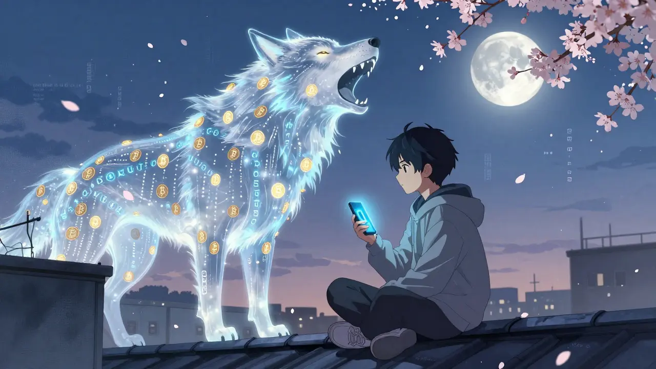 A teenager on a rooftop holds a phone showing LOBO, while a wolf spirit made of Bitcoin chains howls at the moon.