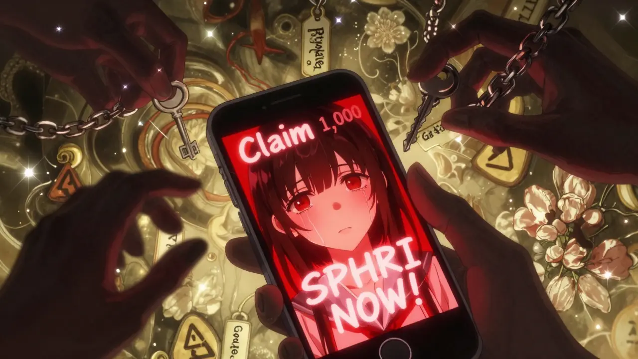 A teenager staring at a scammy 'Claim SPHRI' phone screen, shadowy hands reaching with private key and gas fee.