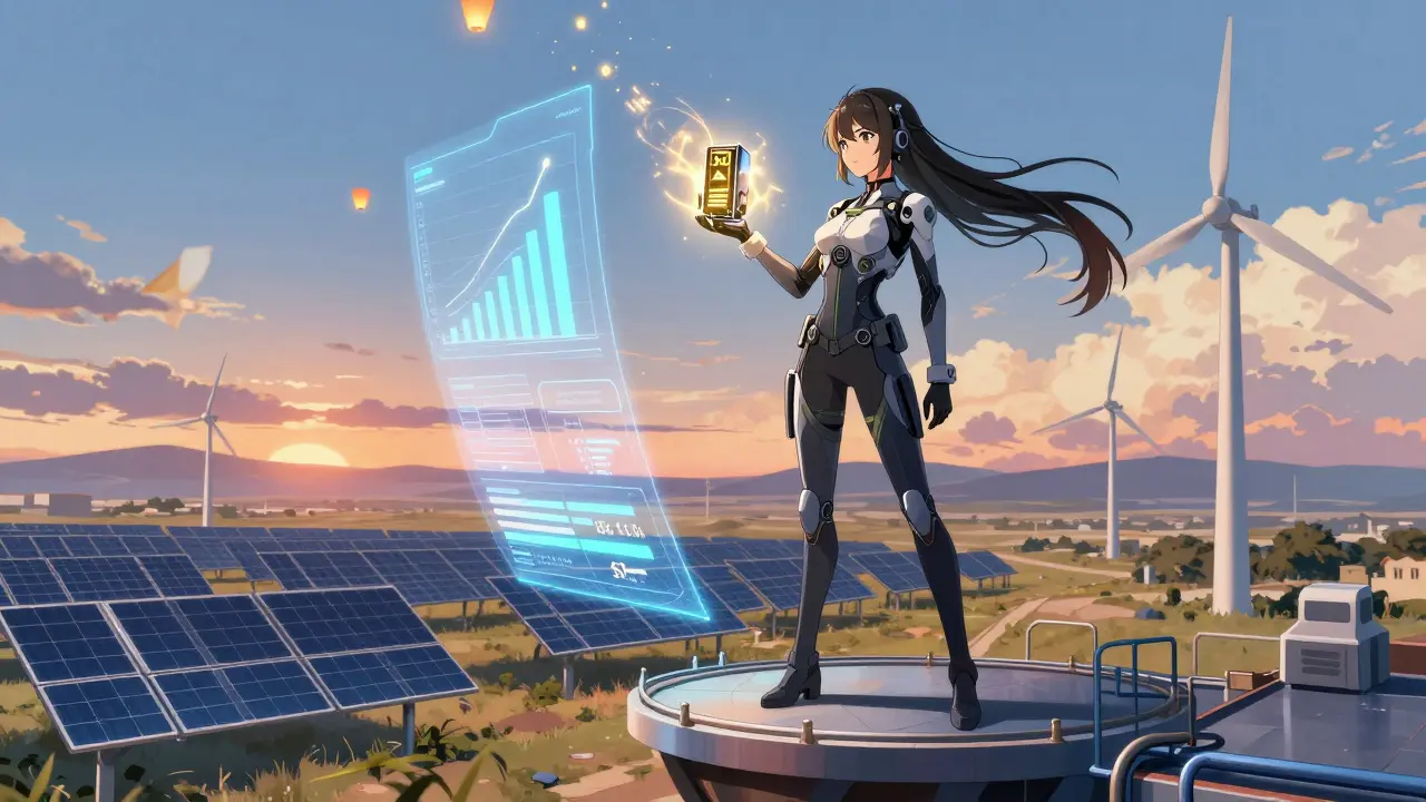 A young female miner on a floating platform holding a glowing ASIC miner, surrounded by solar panels and wind turbines at sunset.