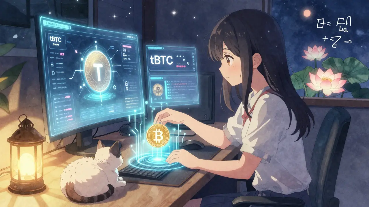 A young girl placing a Bitcoin into a glowing portal that transforms it into tBTC, surrounded by soft holograms and floating petals.