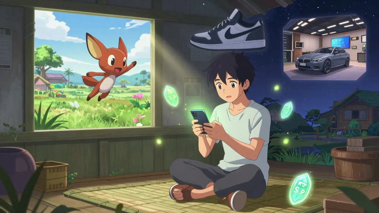A young player in a rural village watches shimmering crypto tokens and a virtual Axie float beside their smartphone at night.