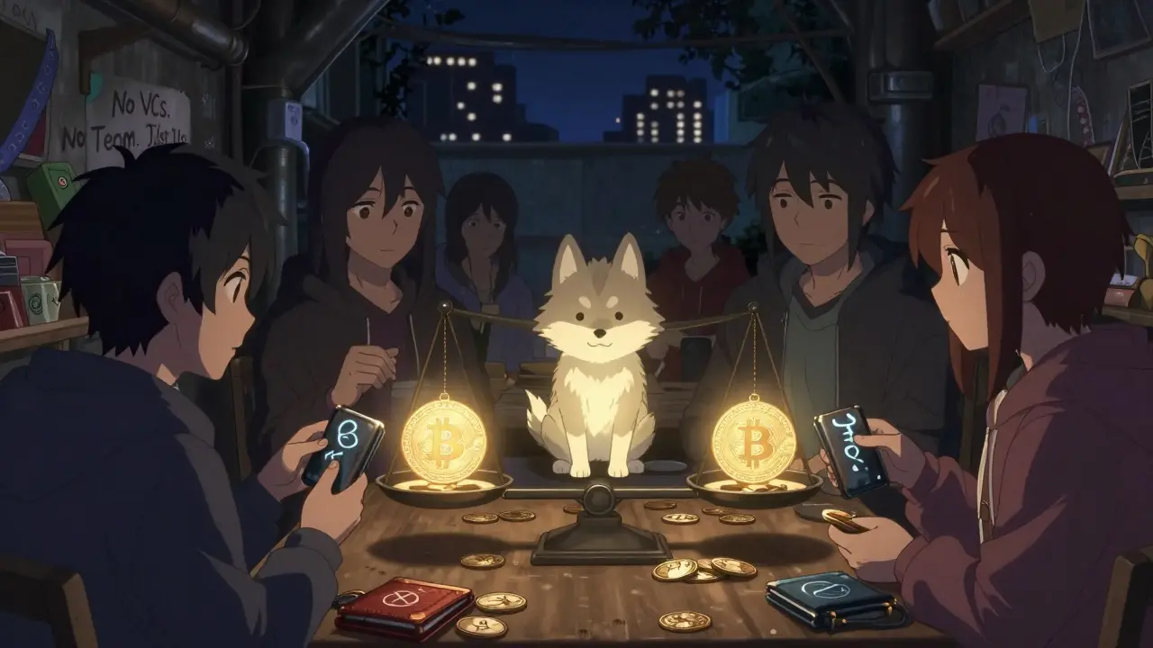 Anonymous traders exchange Runes tokens in a dim marketplace, with a wolf pup balancing 21 billion coins against one Bitcoin.
