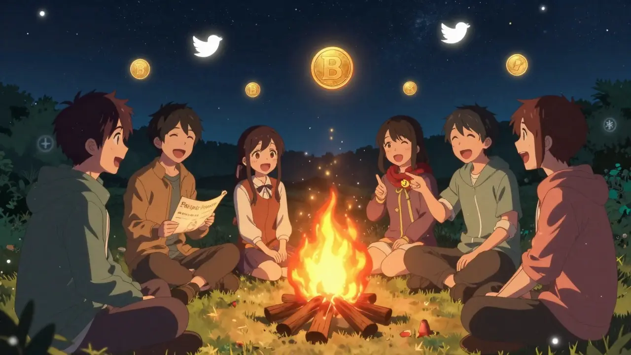 Friends gather around a campfire of tokens, sharing stories under a sky filled with crypto symbols.