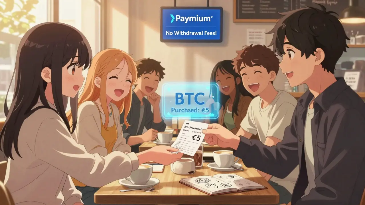 Friends in a café celebrating a €5 Bitcoin purchase, holographic Paymium logo above them, warm light and coffee cups in the background.