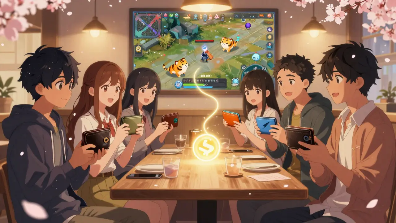 Friends in a café connecting wallets and playing a game together with glowing tiger avatars.