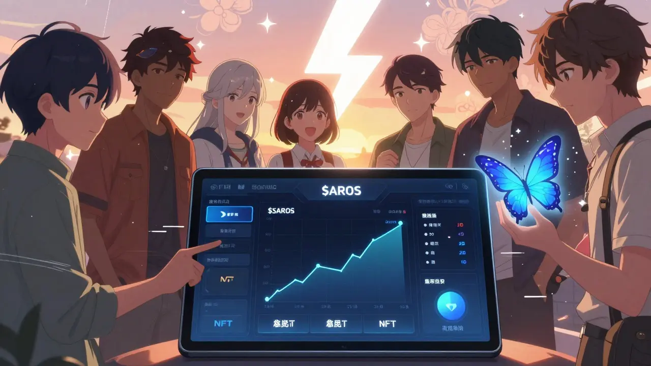 Friends smiling at a glowing Saros Super App dashboard with NFTs turning into butterflies.