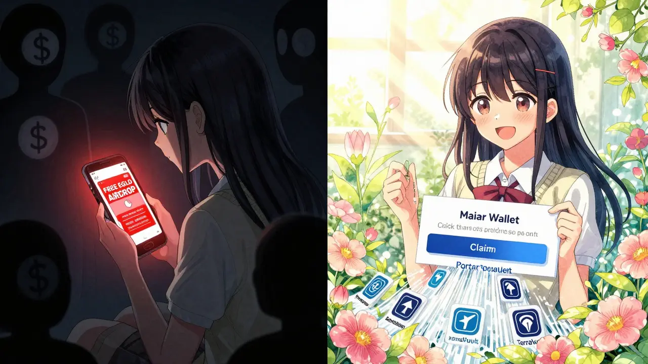 Left: person deceived by scam message; right: same person happily claiming rewards with blooming flowers.