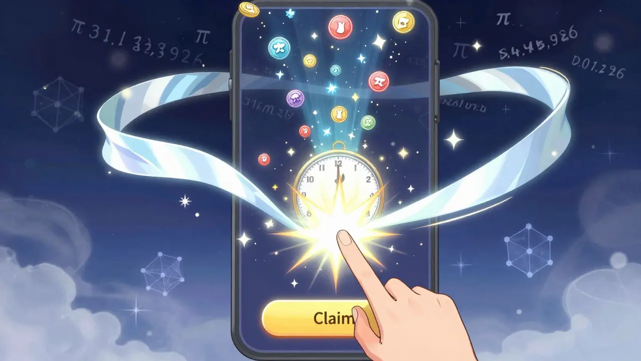 Magical tokens twist into a clock as a hand presses 'Claim' inside a glowing app interface.
