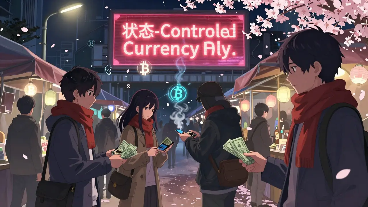 People trade Bitcoin secretly at night with cash and gift cards, while a digital yuan billboard looms above them under falling cherry blossoms.