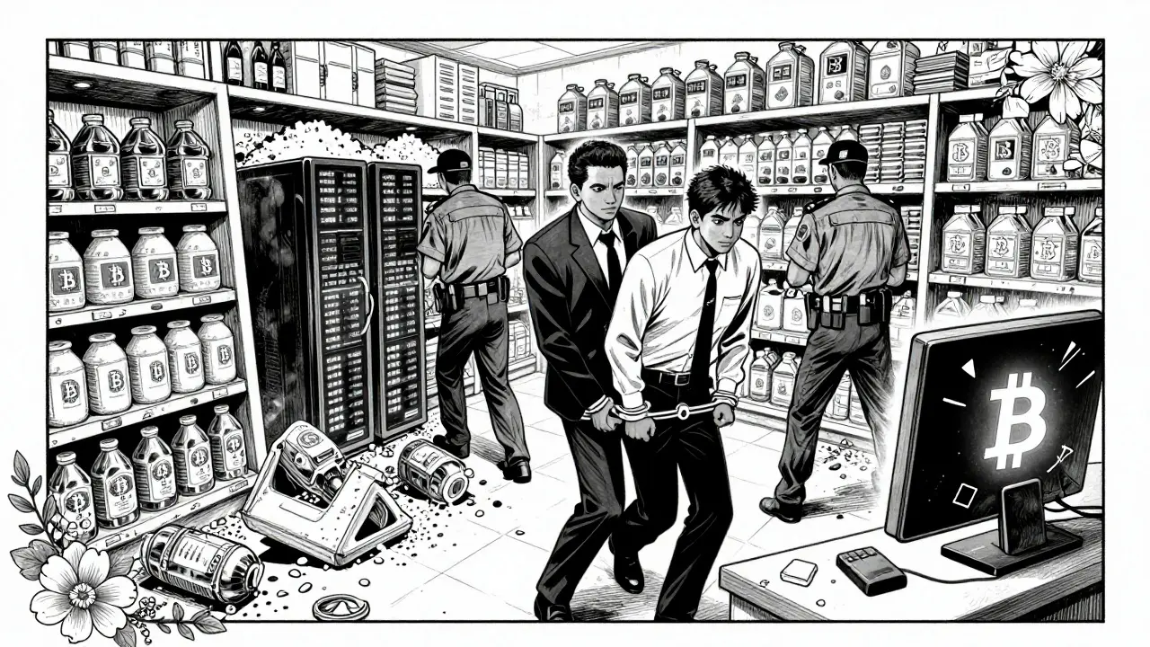 Police raid on a grocery store hiding a crypto exchange, servers glowing amid spilled rice and overturned shelves.