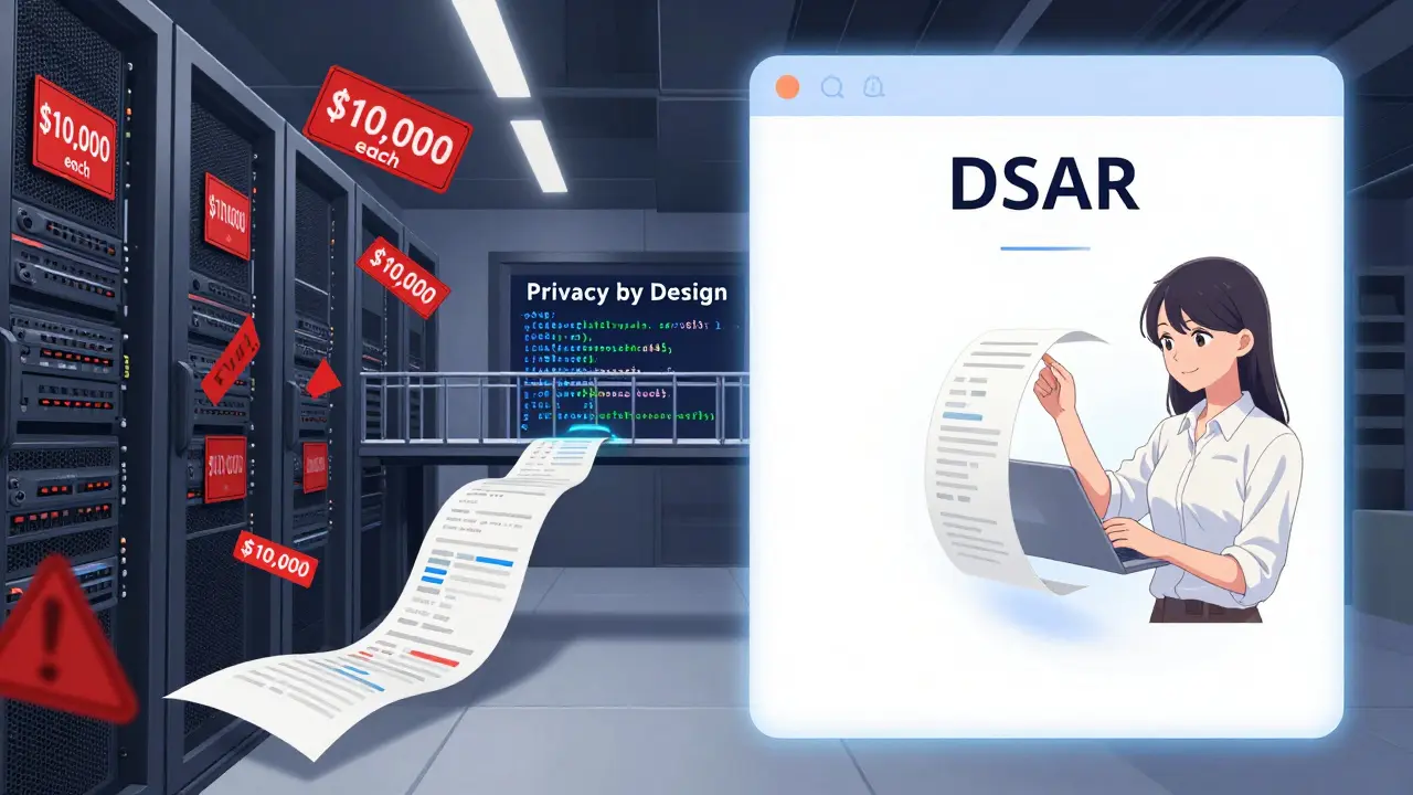 Split scene: chaotic fines on one side, calm DSAR portal on the other, symbolizing privacy by design in blockchain.