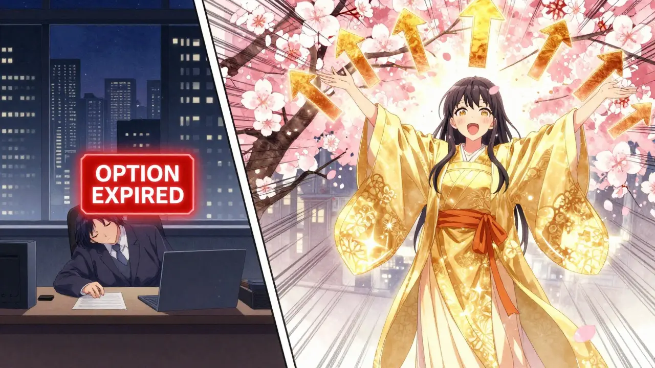 Split scene: one side shows a trader asleep as an option expires, the other shows her triumphant in golden robes surrounded by blossoms.