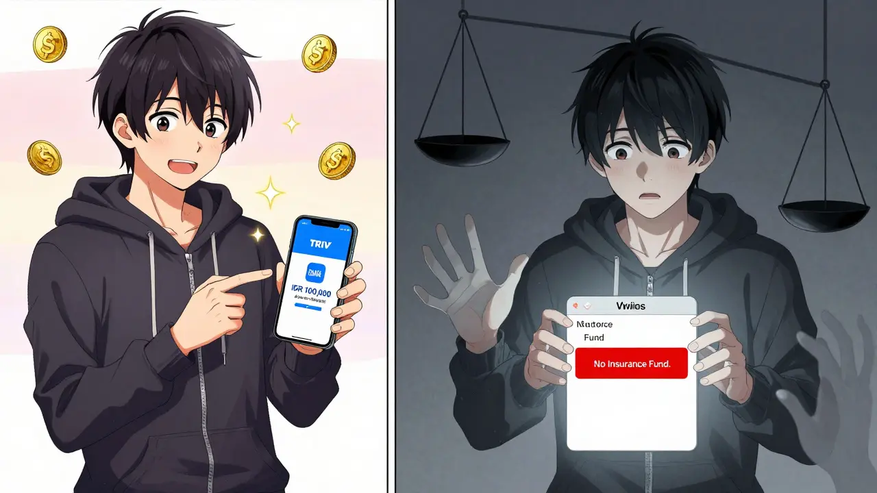 Split scene: one side shows a user depositing money happily, the other shows a warning about no insurance fund.
