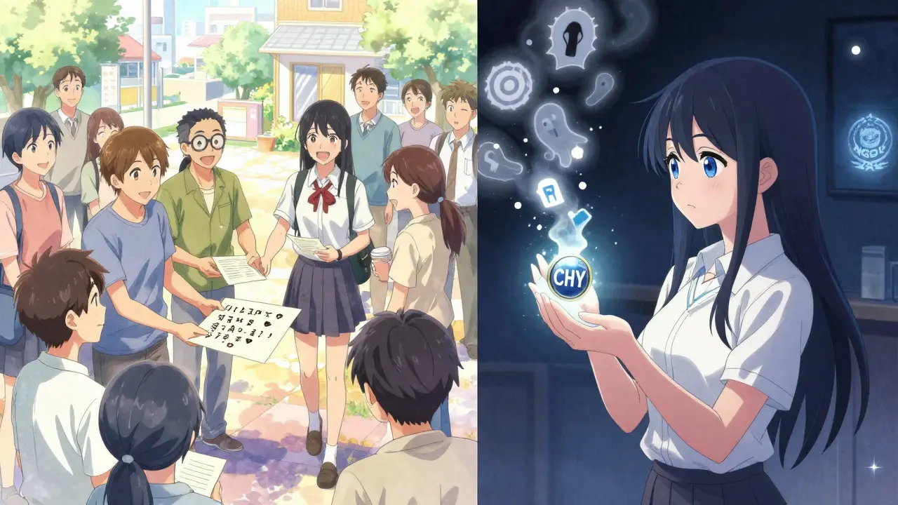 Split scene: vibrant charity donations on one side, a girl watching her CHY token dissolve into smoke on the other.