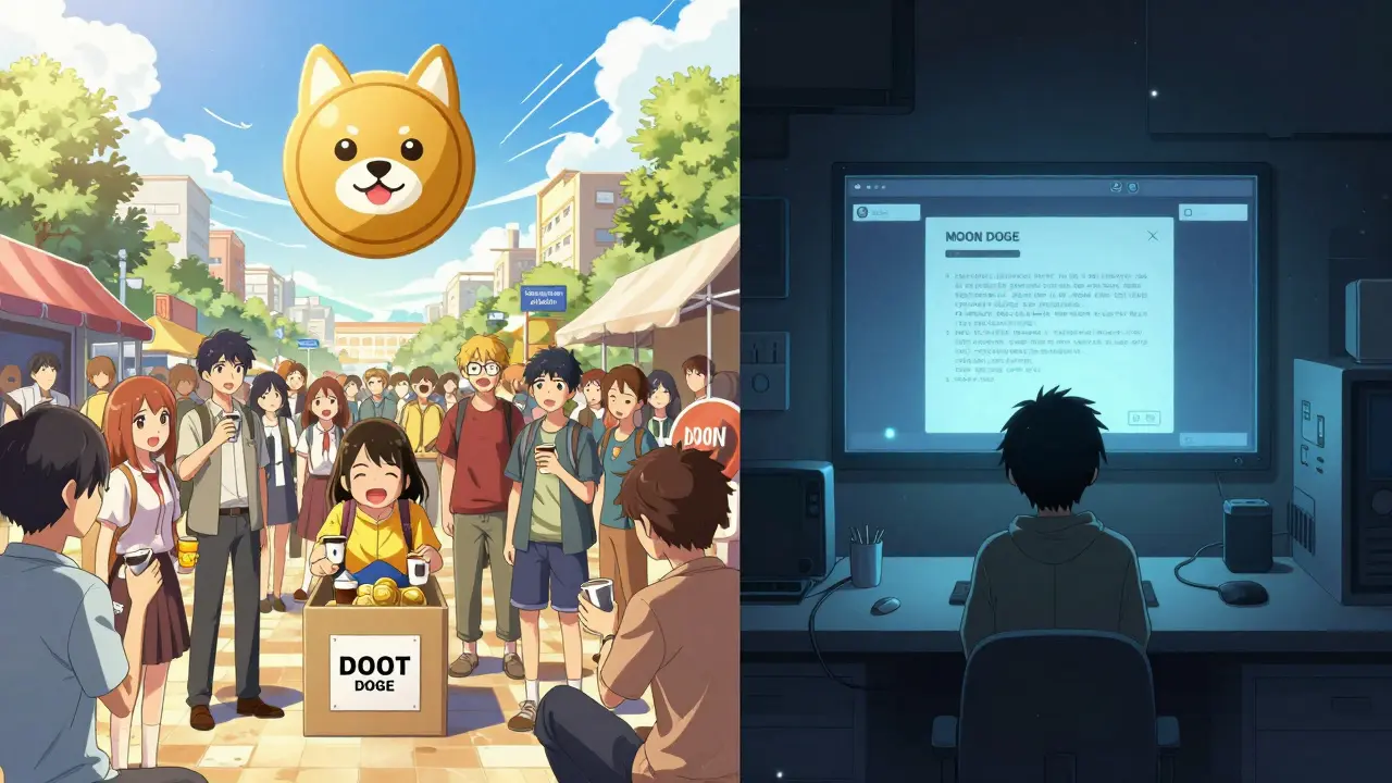Split scene: vibrant Dogecoin users in sunlight vs. lonely person staring at a dead MOON DOGE screen.