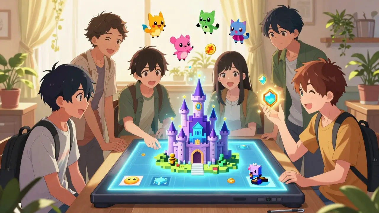 Teenagers build a virtual castle together using glowing voxel assets and SAND tokens in a cozy, sunlit room.