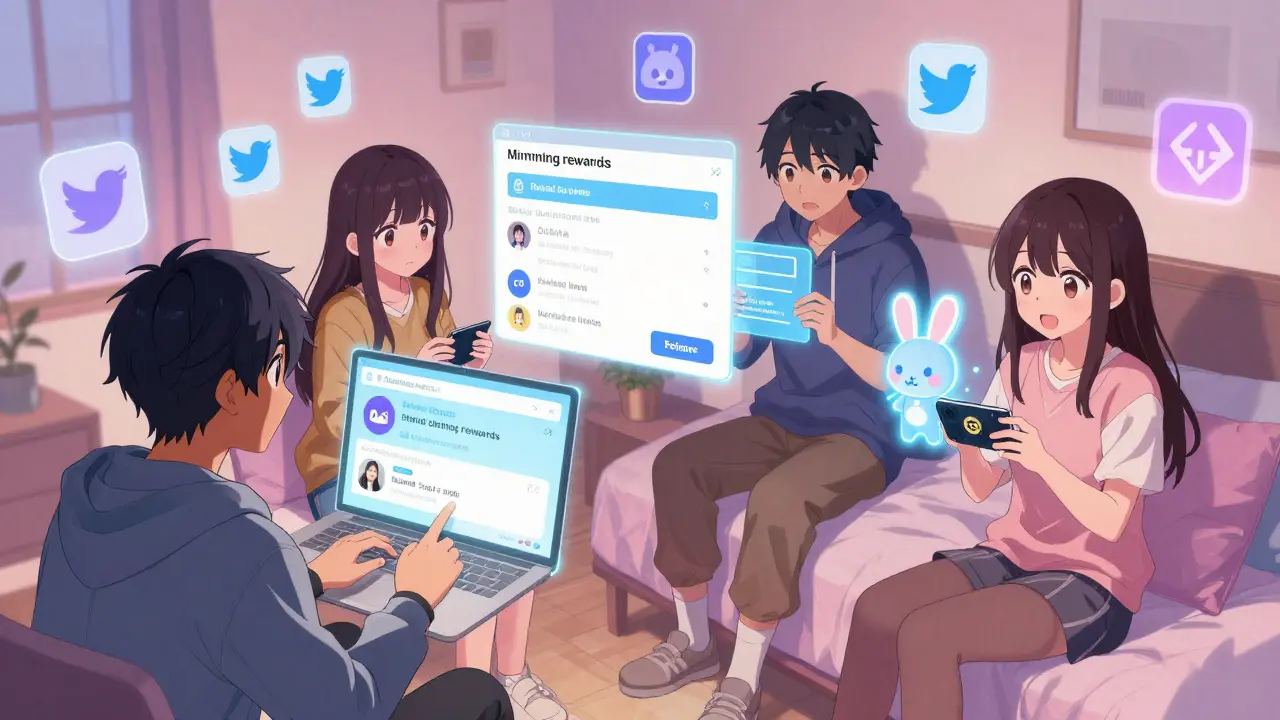 Teens connecting wallets to a holographic screen, with a KAKA-rabbit NFT floating nearby in a cozy room.