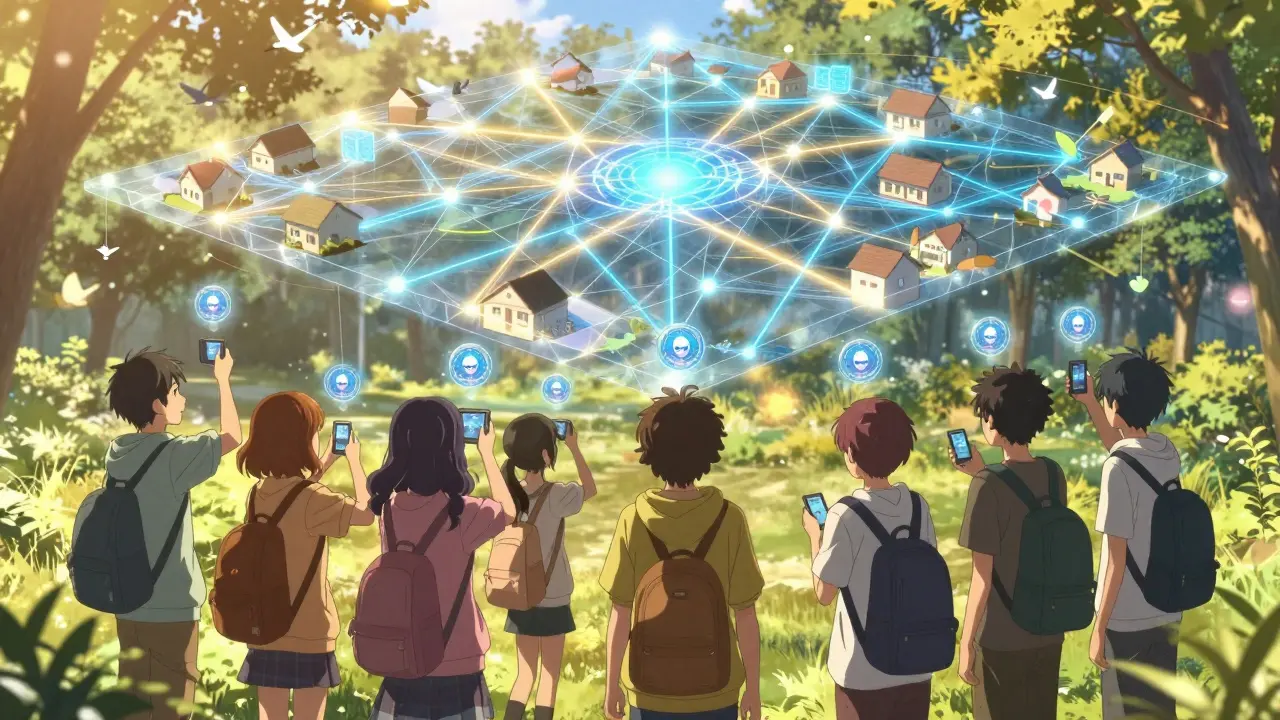 Teens gather in a park as a massive Fiber Network map glows above them, connecting everything.