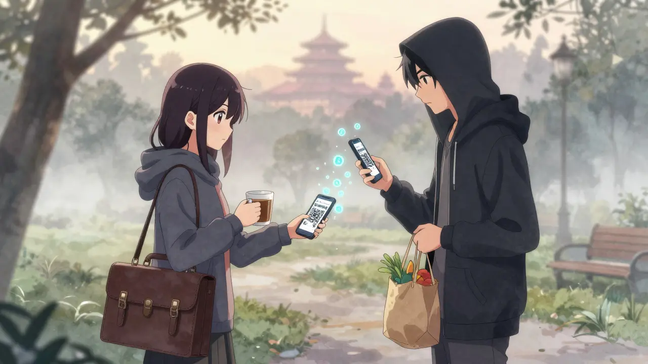 Two people exchanging crypto via QR code in a misty park at dawn, one holding tea, the other groceries.