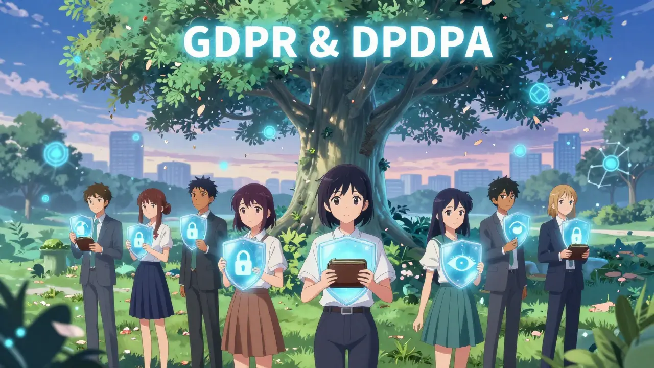 Users in a digital garden with personalized privacy shields, under a tree representing global data protection laws.