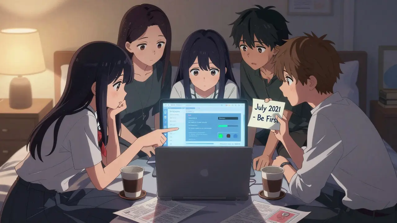 Young investors gather around a laptop showing a zero balance, holding a faded note from 2021.