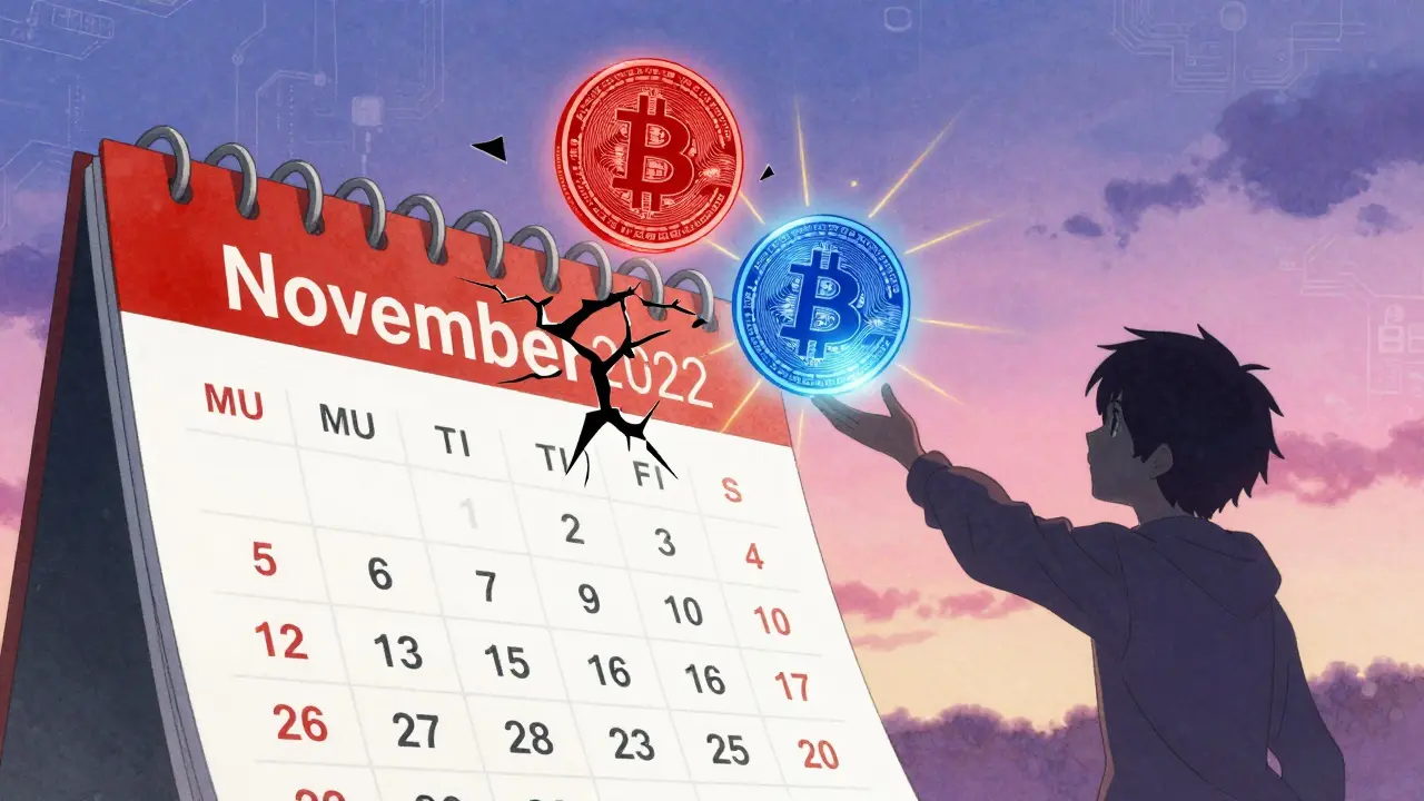 A calendar flipping from November to December, with Bitcoin coins glowing red and blue, symbolizing tax savings.