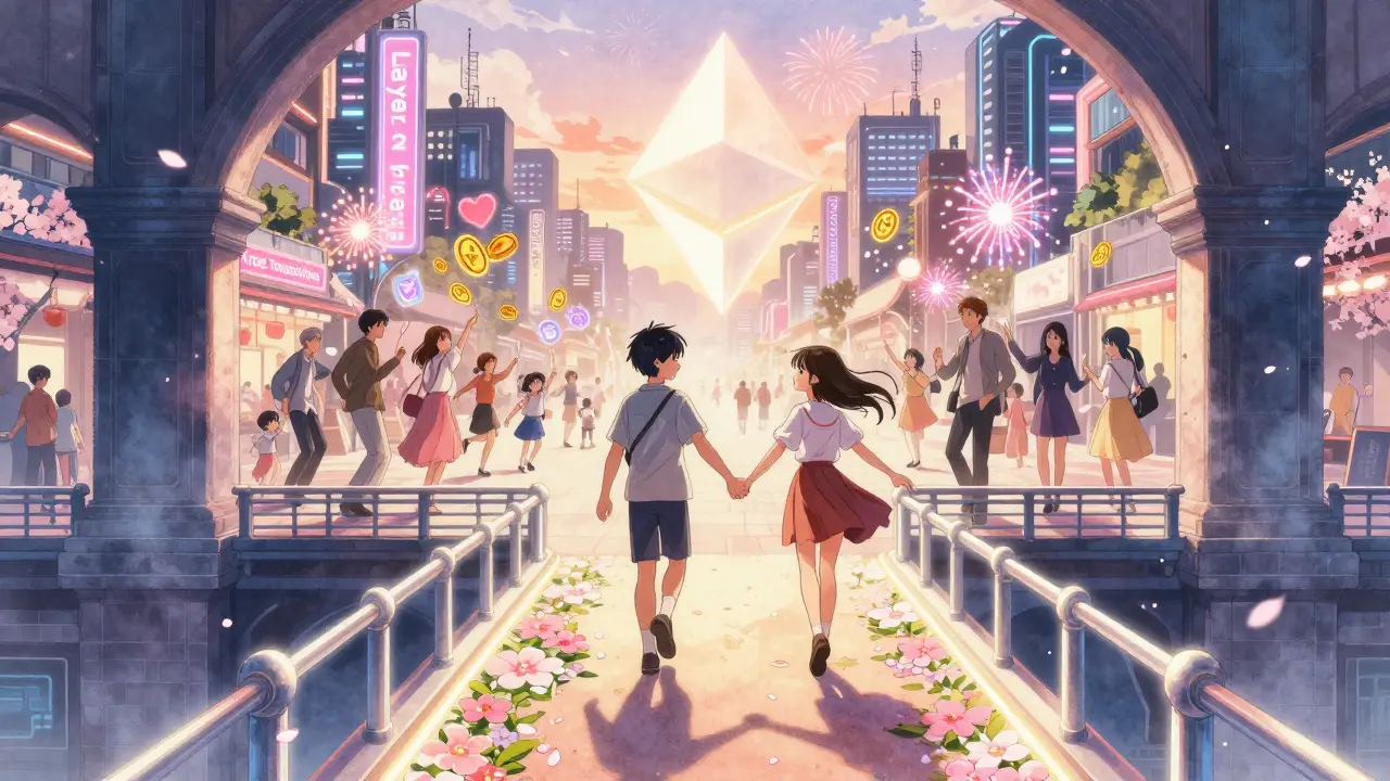 A cyberpunk festival with people dancing under 'Layer 2 Free Transactions' signs, two kids crossing a bridge from dark Ethereum to a flower-lit path, sakura petals swirling.