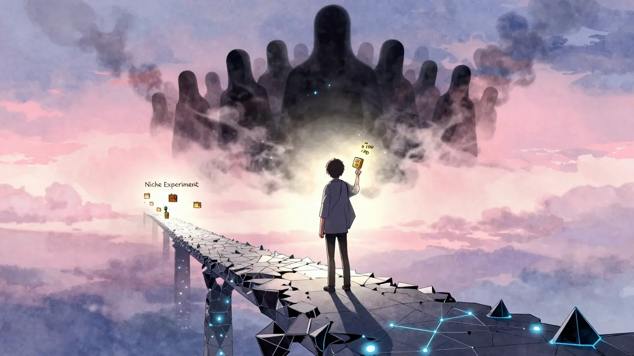 A figure stands on a crumbling blockchain bridge, CRX token flickering between high and low values, shadowy team fading behind.