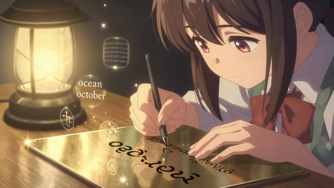 A girl engraves a seed phrase onto metal under lantern light with binary chunks turning into words.