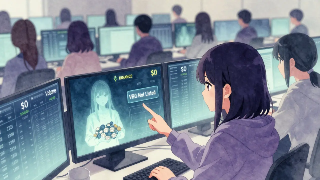 A girl facing an empty crypto trading screen labeled 'VBG Not Listed,' surrounded by faceless, turning crowds.